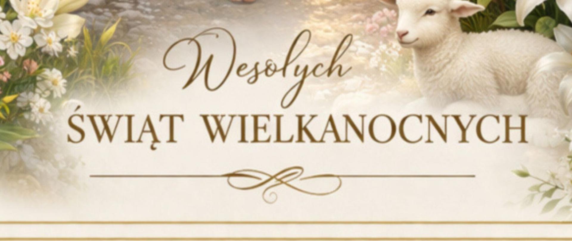 Grafika jest podzielona na dwie pionowe części, utrzymana w jasnej, ciepłej kolorystyce ze złotymi zdobieniami.
Lewa strona (Ilustracja):
Centralna postać: Zmartwychwstały Jezus w lśniącej białej szacie, z rozpostartymi ramionami, idący ścieżką od otwartego, pustego grobu skalnego.
Tło: W oddali widać wzgórze z trzema krzyżami na tle wschodzącego słońca, którego promienie rozświetlają całą scenę.
Detale: Na pierwszym planie białe lile, kwitnące gałązki drzew oraz mały baranek leżący u stóp Jezusa.
Napis: Na dole ozdobną czcionką widnieje napis: „Wesołych ŚWIĄT WIELKANOCNYCH”.
Prawa strona (Treść życzeń):
Nagłówek: Na górze znajduje się godło Państwowej Straży Pożarnej.
Tekst: „Z okazji nadchodzących Świąt Wielkanocnych w imieniu własnym oraz funkcjonariuszy i pracowników Komendy Powiatowej Państwowej Straży Pożarnej w Mielcu składam Państwu najserdeczniejsze życzenia. Niech ten wyjątkowy czas przyniesie wytchnienie od codziennych obowiązków, a chwile spędzone w gronie najbliższych będą źródłem spokoju, nadziei i siły. Życzę, aby atmosfera Świąt napełniła Państwa optymizmem, radością oraz wiarą w lepsze jutro. Niech symbolika odradzającego się życia towarzyszy w realizacji planów i dodaje energii w codziennych działaniach.”
Podpisy: Na dole widnieją stopki służbowe oraz faksymile podpisów:
Komendant Powiatowy PSP w Mielcu – bryg. Łukasz Kapinos.
Z-ca Komendanta Powiatowego PSP w Mielcu – bryg. Michał Tchórzewski.