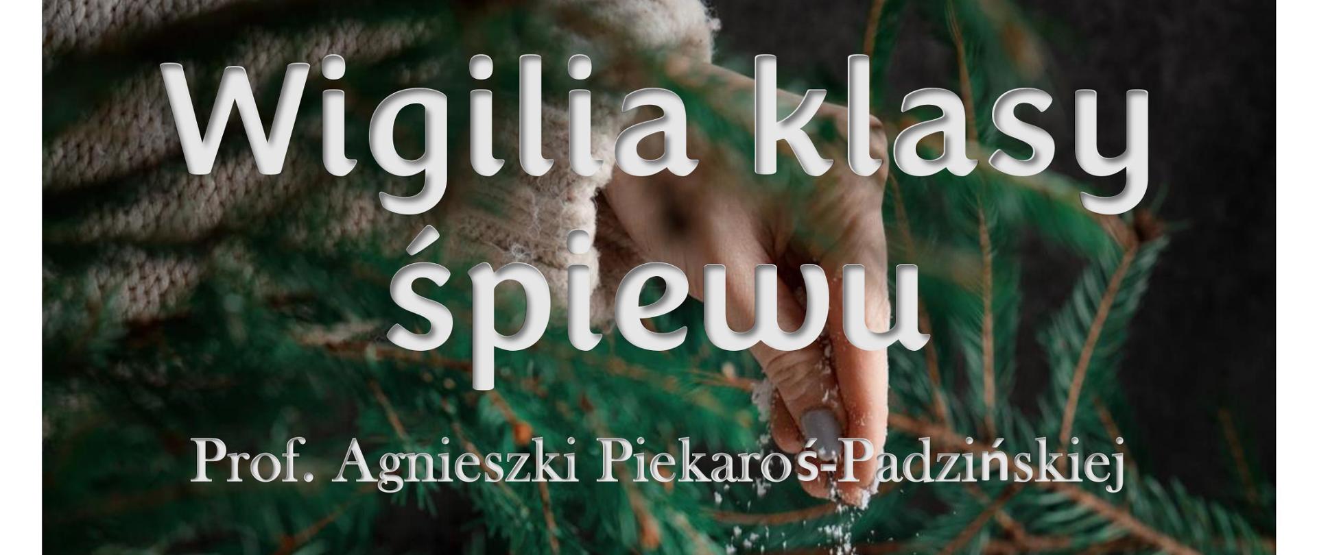 W tle plakatu są gałązki świerku. W dolnej części plakatu znajduje się domek wykonany prawdopodobnie z ciasta piernikowego. Domek na plakacie posypywany jest chyba śniegiem z damskiej dłoni. Na dole plakatu znajduje się również logo szkoły na białym tle. 