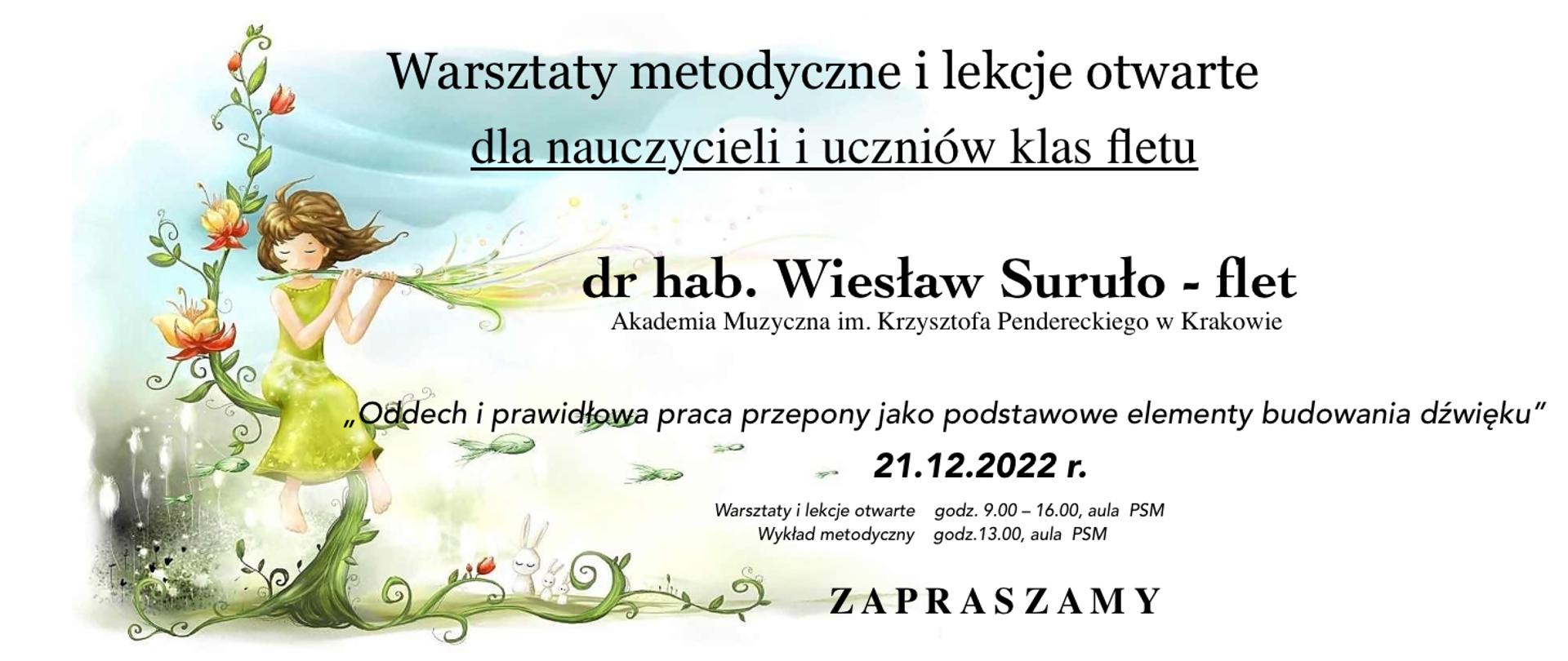 Grafika przedstawia plakat warsztatów fletowych w dniu 21 grudnia 2022 r. Czarny tekst na tle grającej postaci flecistki "Warsztaty metodyczne dla uczniów i nauczycieli klas fletu, dr hab. Wiesław Suruło - flet, oddech i prawidłowa praca przepony jako podstawowe elementy budowania dźwięku"