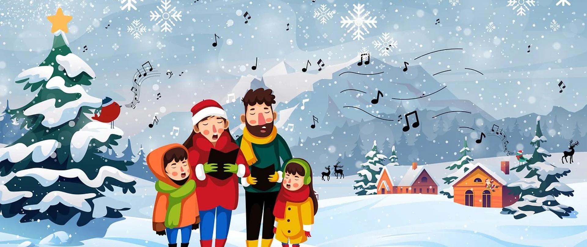 Kartka Świąteczna, z lewej strony zielona choinka pokryta śniegiem, na niej czerwony ptak z dzióbka wydobywają się nutki. Na środku rodzina czteroosobowa śpiewająca na śniegu, 