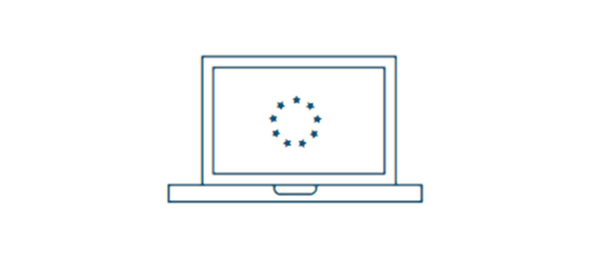 Rysunkowa grafika poglądowa przedstawiająca ekran komputera z podobizną logo UE