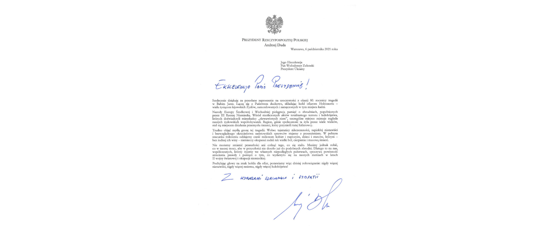 List Prezydenta Rzeczypospolitej Polskiej do Prezydenta Ukrainy z okazji 80. rocznicy tragedii w Babim Jarze