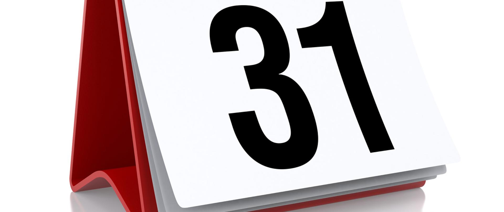 Biało czerwony kalendarz z datą 31 January 