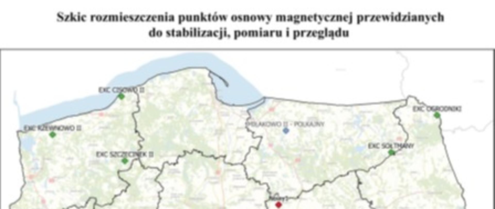 Ilustracja przedstawia mapę Polski z rozmieszczeniem punktów osnowy magnetycznej przewidzianych do opracowania w ramach podpisanej umowy.