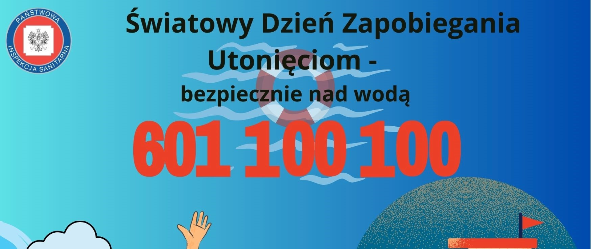 na grafice są widoczne tonące osoby, wieża ratowników oraz numery alarmowy WOPR