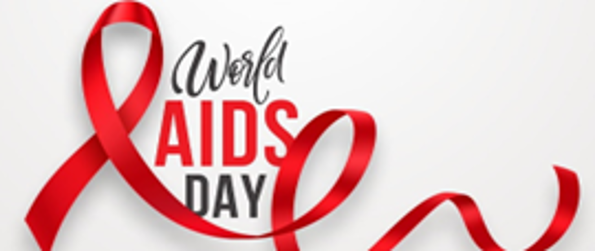 Logo w formacie prostokonta w środku napius World AIDS DAY, W poprzek grafiki czerwona wstążka zwinięta w kila pętli.