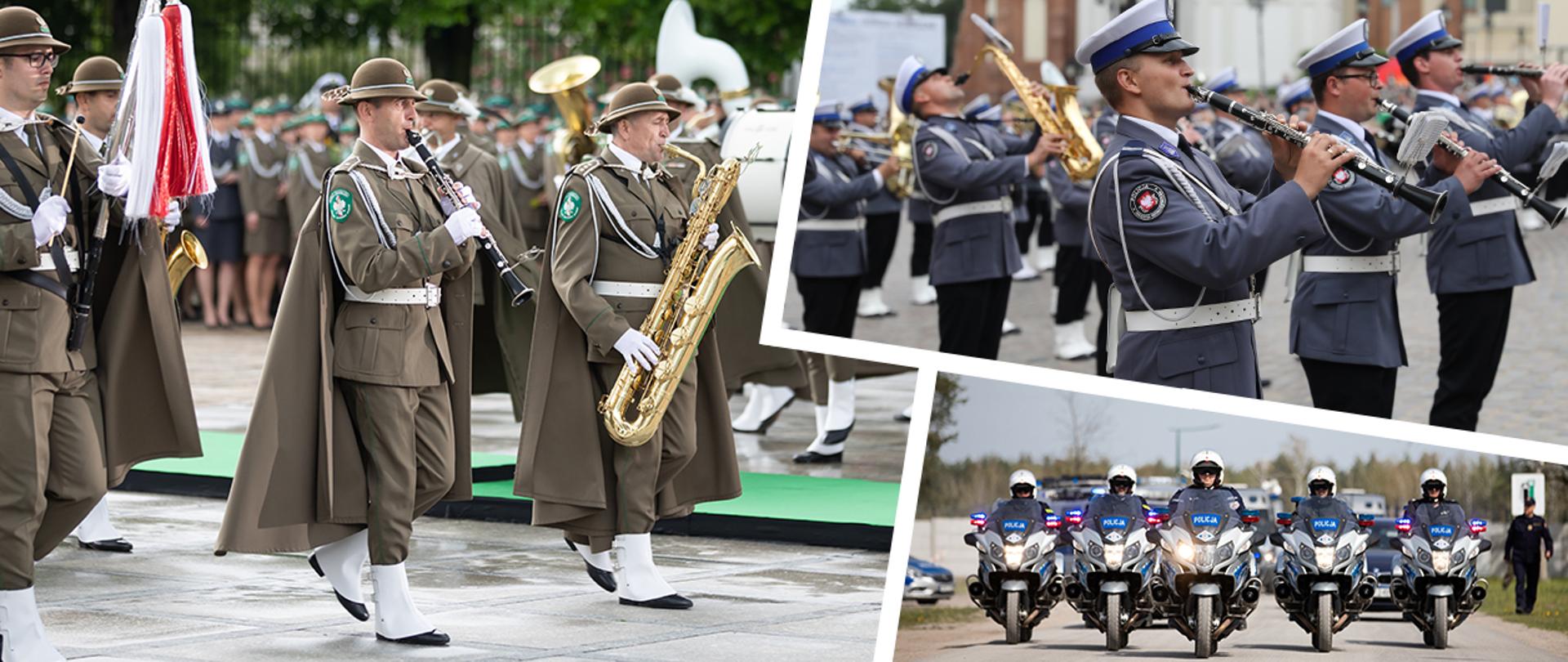 Kolaż z Orkiestrami Reprezentacyjnymi Straży Granicznej oraz Policji oraz motocyklową asystą honorową Policji.