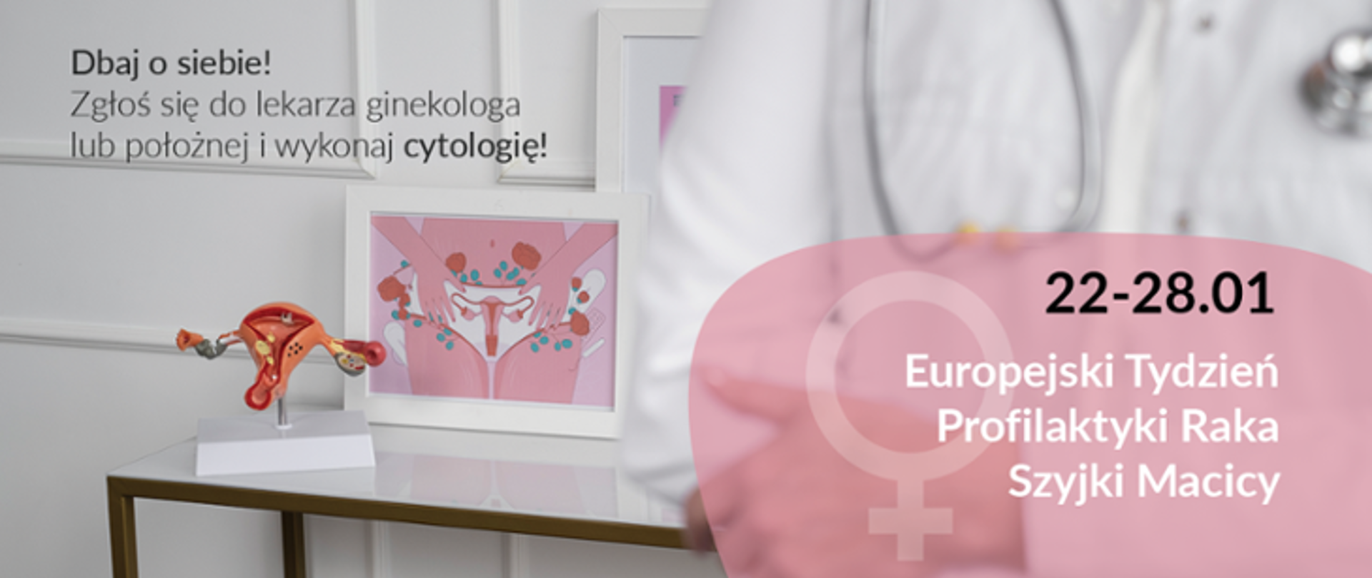 Na pierwszym planie, prawym rogu na dole widnieje napis: 22-28.01 Europejski Tydzień Profilaktyki Raka Szyjki Macicy. Na drugim planie, na stoliku znajduje się model macicy. 