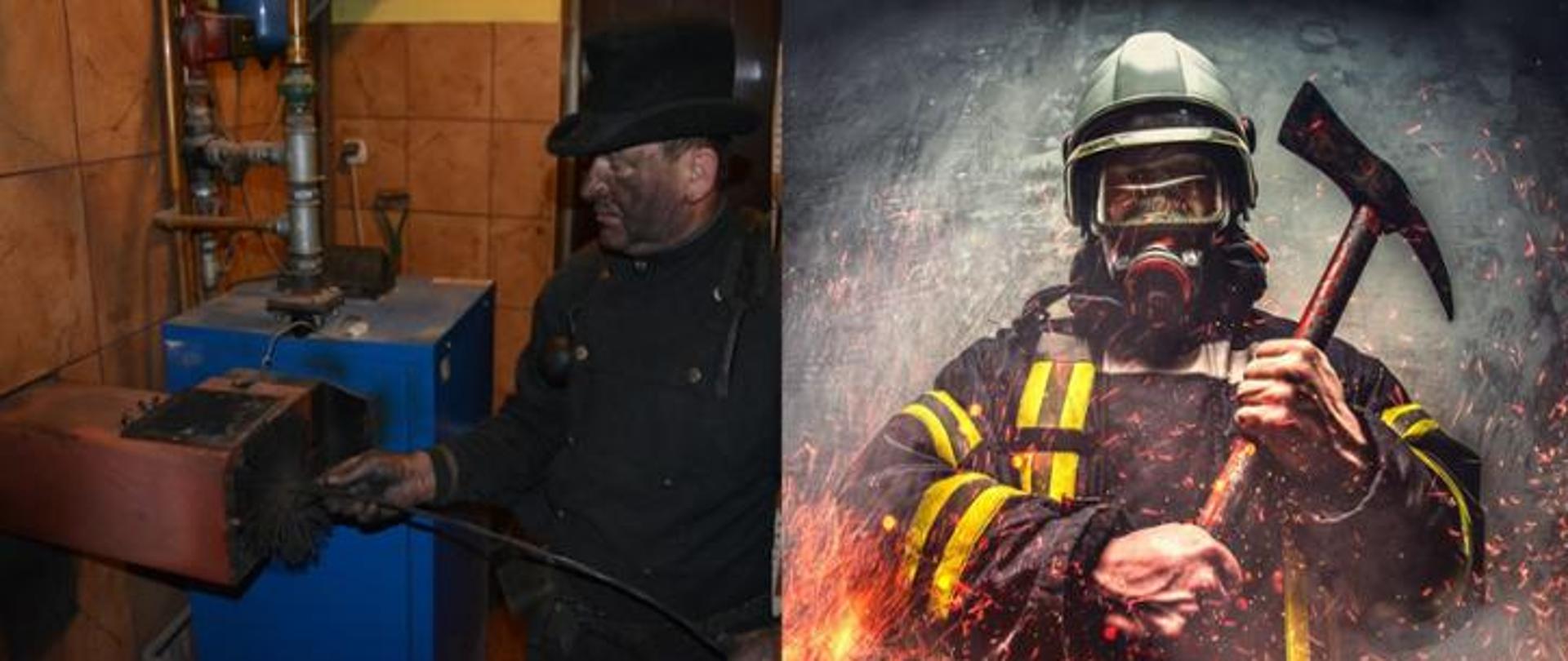 Na zdjęciu strażak i kominiarz. Zdjęcie wykonane na potrzeby akcji prewencyjnej dotyczącej pożarów sadzy w kominie. 