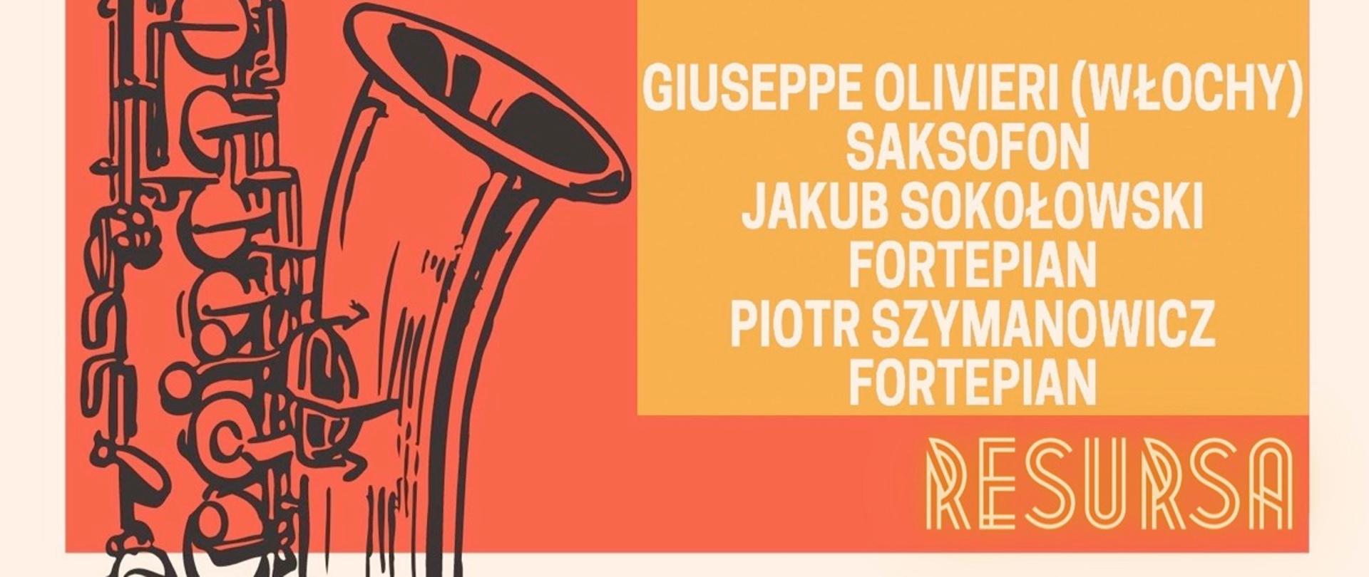 Plakat (białe napis na żółtym tle) Po lewej grafika przedstawiająca saksofon. Plakat w kolorach / psach czerwony i żółtych. Po środku napis "koncert big bandu psm pod kierownictwem J. Sokołowskiego w dniu 24.03.2023, 