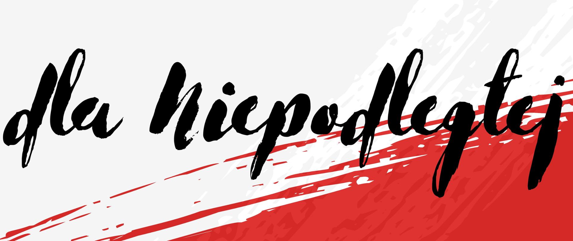 Plakat w barwach biało-czerwonych z czarnym napisem Koncert dla Niepodległej