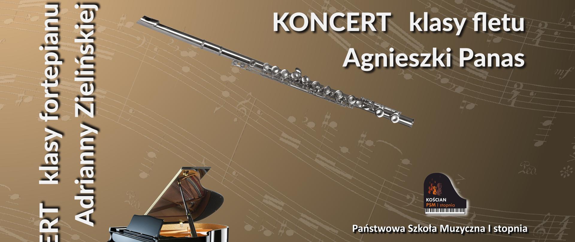 plakat Koncertu klas fletu i fortepianu w tonacjach brązu z nutami w tle i zdjęciami instrumentów