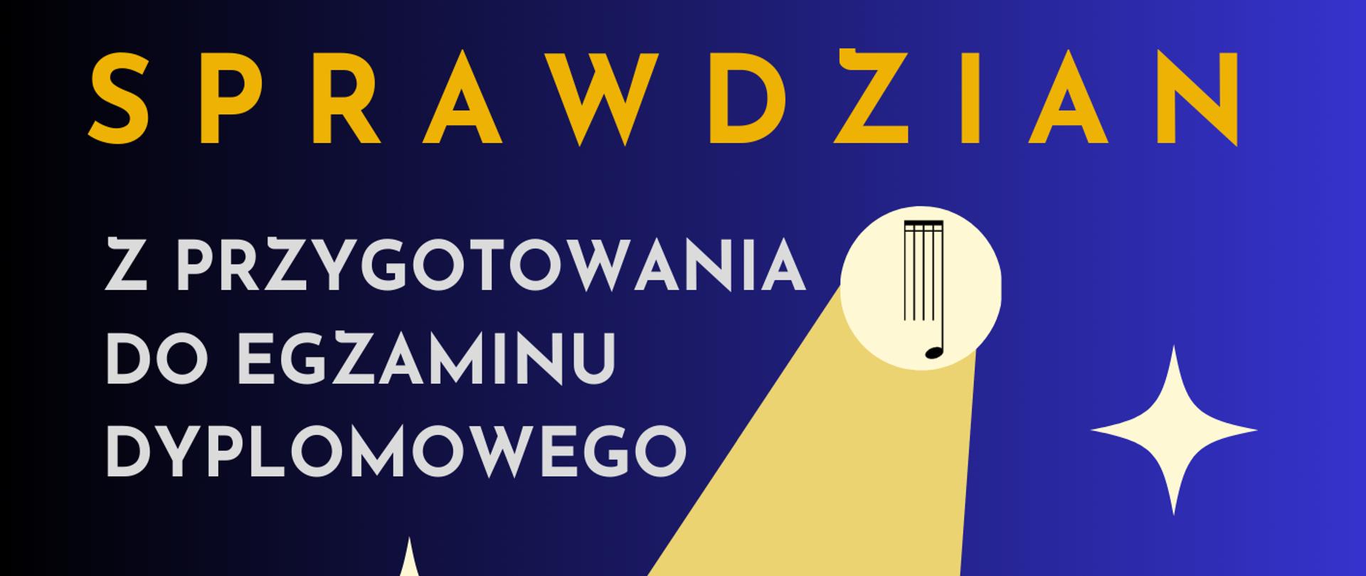 Grafika przedstawia afisz koncertu-sprawdzian z przygotowania do egzaminu dyplomowego. Biały tekst na ciemnoniebieskim tle, u góry logo szkoły, z boku data 28 marca godz.16.00