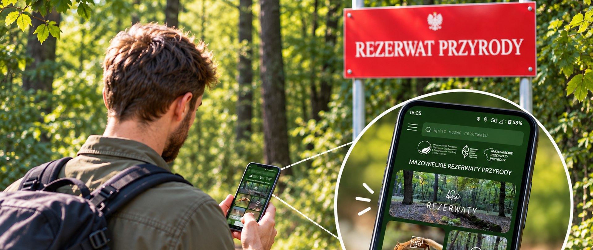 Mężczyzna z plecakiem stoi w lesie przed tablicą z napisem: Rezerwat przyrody, w ręku ma telefon, na zbliżeniu widać aplikację Mazowieckie rezerwaty przyrody