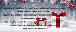 Zdjęcie przedstawia kartkę z okazji Świąt Bożego Narodzenia z napisem: "W magiczny czas świąt Bożego Narodzenia pragnę złożyć najserdeczniejsze życzenia zdrowia, spełnienia marzeń, pogody ducha. Niech ten czas upłynie w rodzinnym gronie i chwilach roziskrzonych kolędą. A nadchodzącym nowym roku życzę wszelkiej pomyślności w realizacji osobistych i zawodowych planów. komendant Powiatowy Państwowej Straży Pożarnej w Świdwinie bryg, mgr inż. Józef Brzeziński.