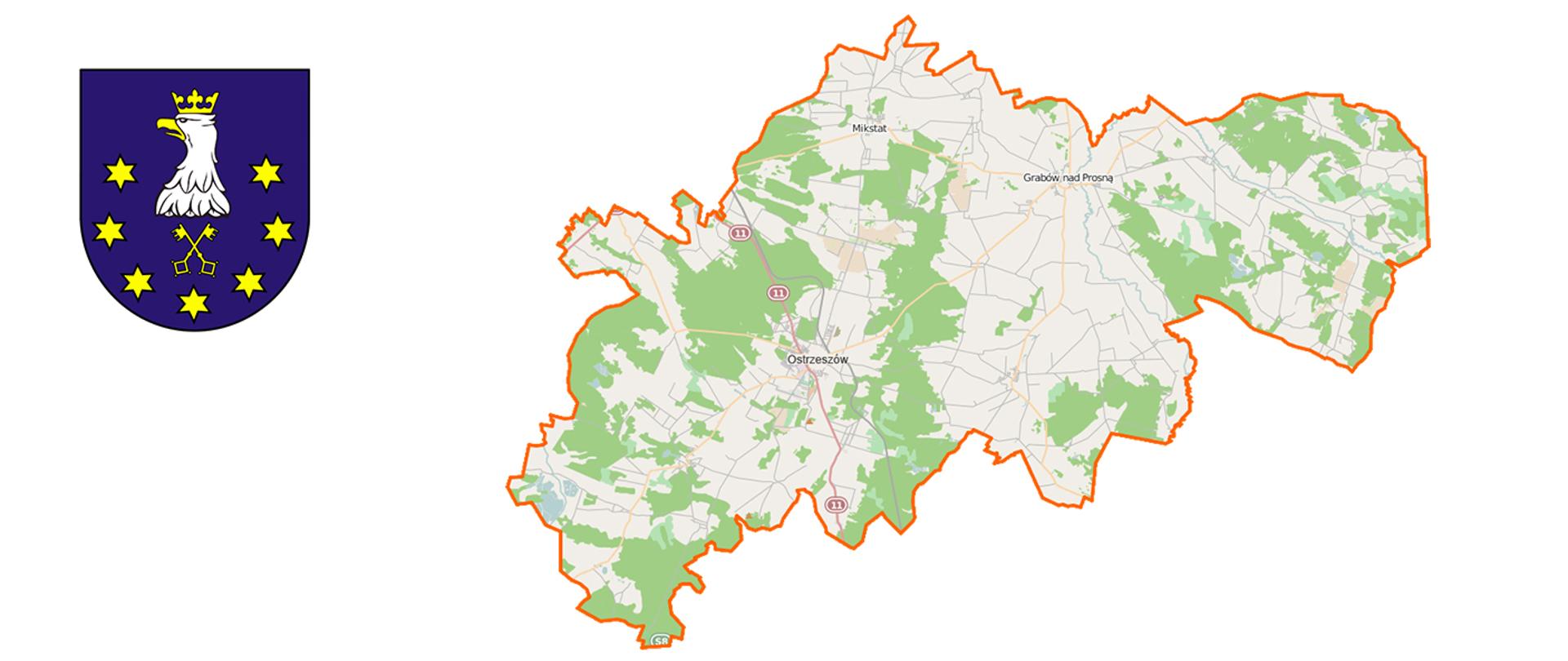 Plan powiatu ostrzeszowskiego z prawej, herb powiatu ostrzeszowskiego z lewej.