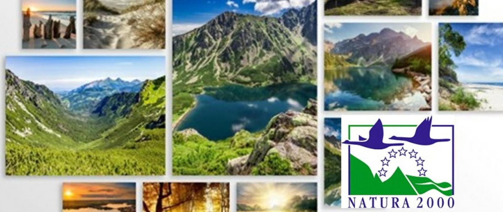 Grafika przedstawia 14 zdjęć z widokiem na góry, jeziora, plaże oraz las. W prawym dolnym rogu grafiki znajduje się Logo Europejskiej Sieci Ekologicznej Natura 2000.