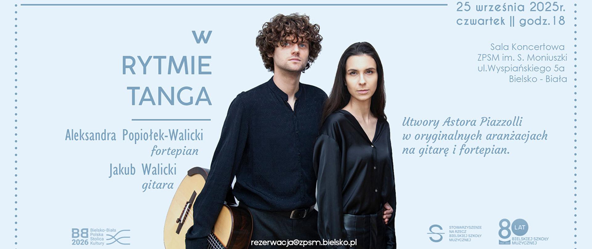 grafika koncertu W rytmie Tanga - na niebieskim tle kolorowe zdjęcie Aleksandry Popiołek-Walickiej i Jakuba Walickiego. 