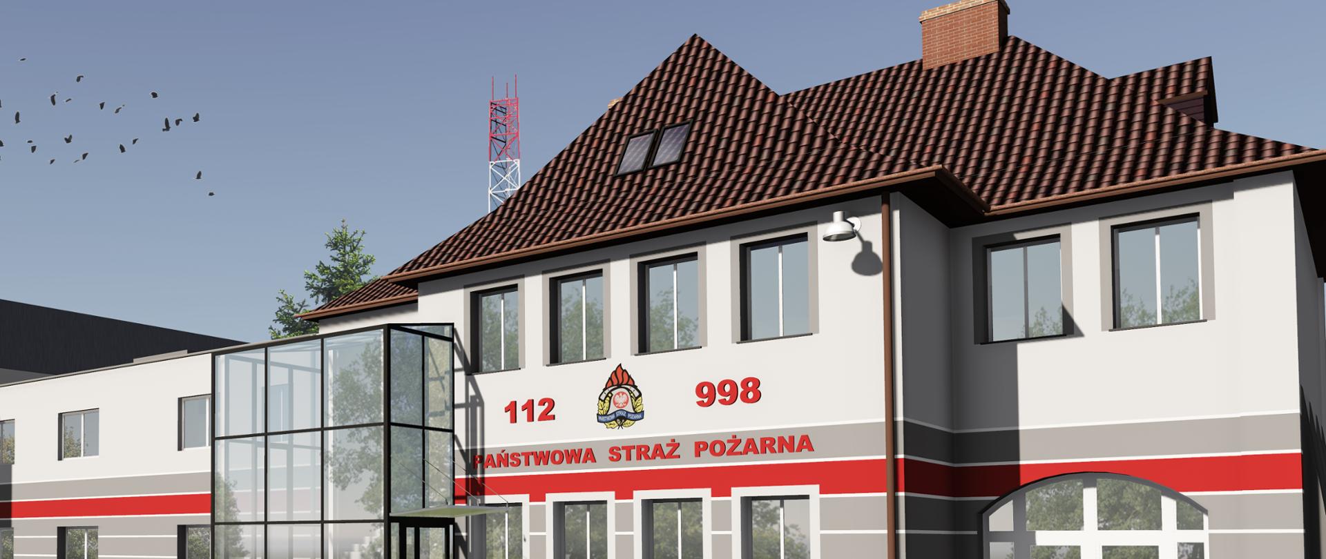 szaro biały budynek z napisem państwowa straż pożarna , nad napisem logo PSP oraz numery 112 i 998, przed budynkiem stoją samochody osobowe i kilka osób