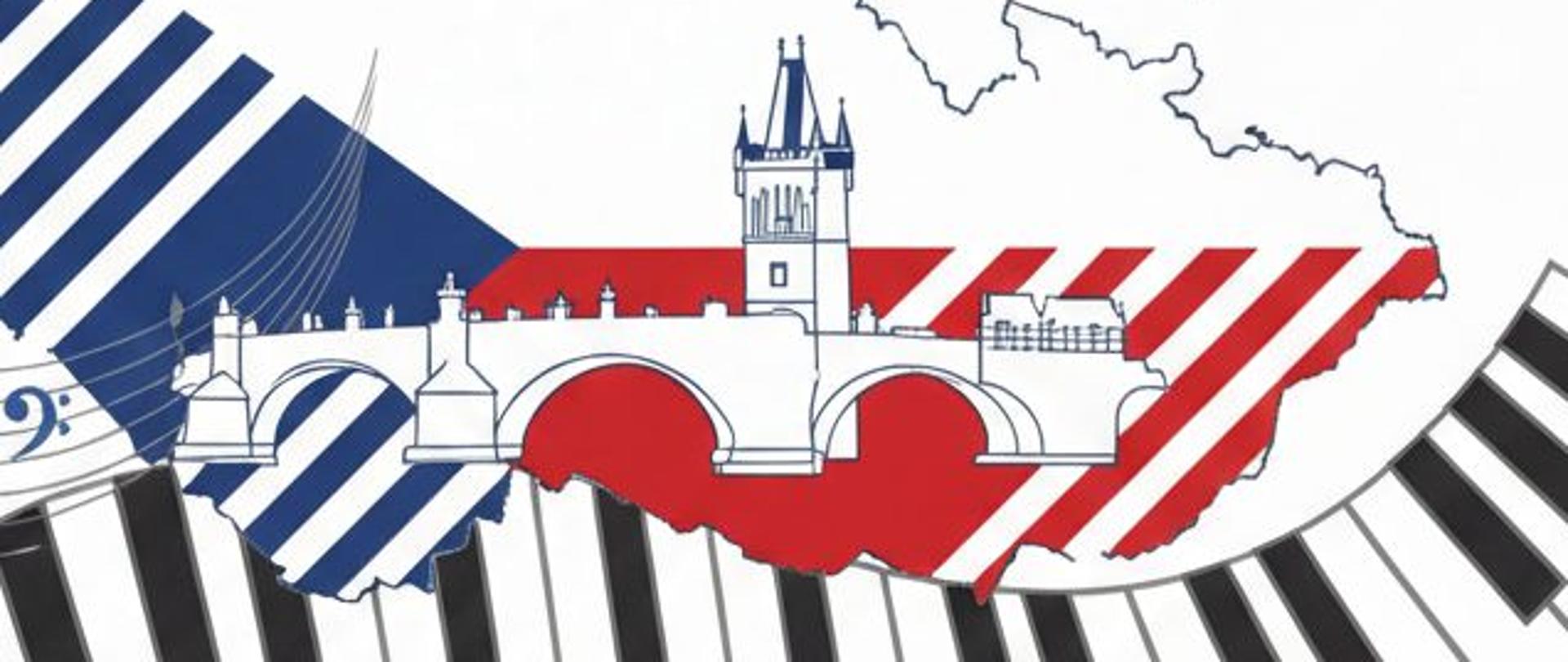 Grafika kolorowa łącząca motywy narodowe Czech z elementami muzycznymi. Centralna część wypełniona konturem mapy Czech, wewnątrz której (prawdopodobnie) przenikają się barwy flagi czeskiej oraz biało-czerwone i biało-niebieskie skośne pasy. Na pierwszym planie biały linearny obrys Mostu Karola w Pradze z charakterystyczną wieżą mostową. Dolną krawędź kompozycji stanowi wygięta w łuk klawiatura pianina, a z lewej strony widoczny fragment pięciolinii z kluczem basowym. Całość przedstawiona na białym tle.