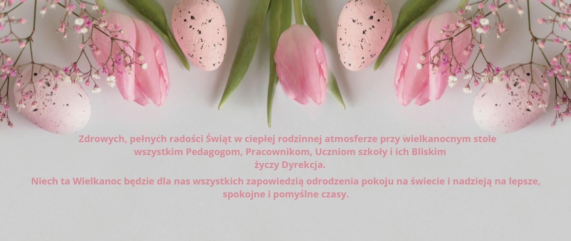 na różowym tle grafika tulipany i jajka oraz życzenia zdrowych pełnych radości Świąt