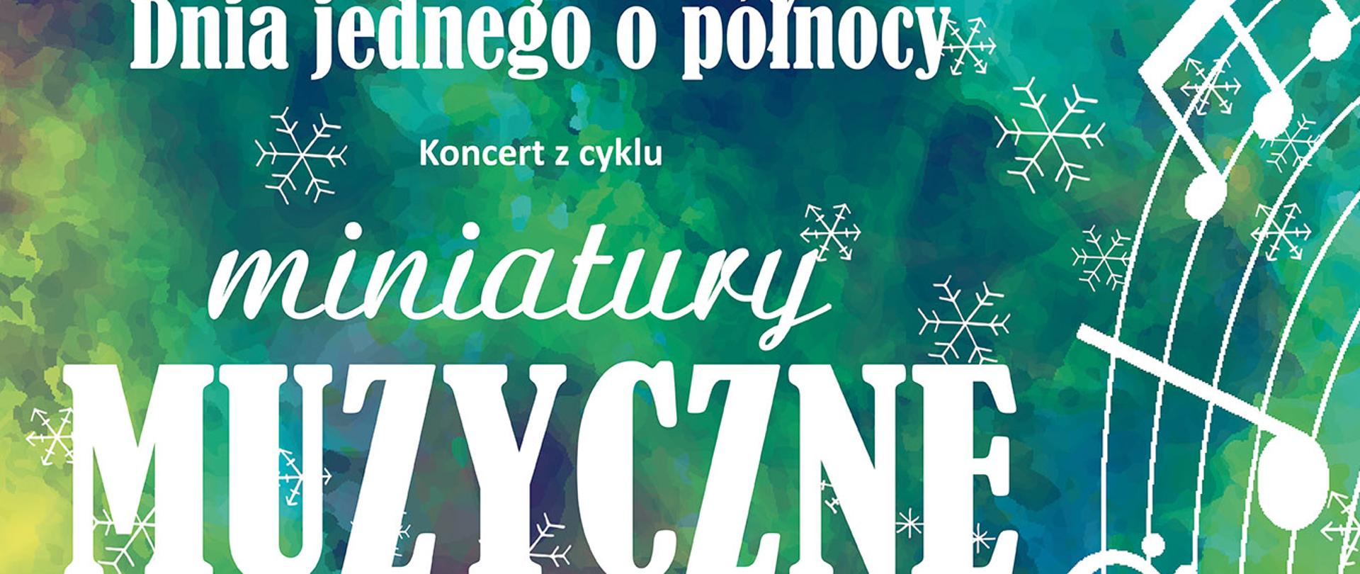 Plakat przestawia kolorowe tło żółto, zielone, niebieskie, białe z imitacją płatków śniegu, na tym tle w połowie plakatu przechodzi wstążka w kształcie pięciolini z nutami . Tytuł plakatu to białe litery. U dołu tekst w kolorze czarnym informujący o dacie godzinie i miejscu koncertu.