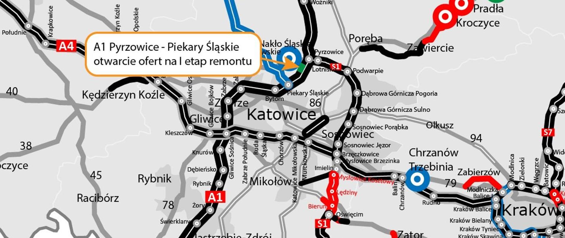 Mapa drogowa województwa śląskiego i części małopolskiego przedstawiająca aktualne i planowane inwestycje GDDKiA. Na mapie oznaczono odcinki dróg krajowych i autostrad w kolorach wskazujących status prac: czarny – istniejące, niebieski – w realizacji, czerwony – w przygotowaniu, zielony – po oddaniu do ruchu. W centrum mapy znajduje się aglomeracja katowicka z siecią dróg A1, A4, S1 i DK. W górnej części wyróżniono komunikat „A1 Pyrzowice – Piekary Śląskie otwarcie ofert na I etap remontu”, zaznaczony pomarańczową ramką w rejonie Pyrzowic. Widoczne są również inne odcinki inwestycyjne, m.in. koło Częstochowy, Oświęcimia, Krakowa oraz Bielska-Białej.