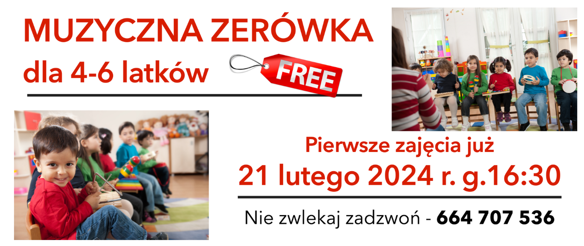 Grafika informująca o zajęciach muzycznych dla dzieci od 4 do 6 roku życia. 