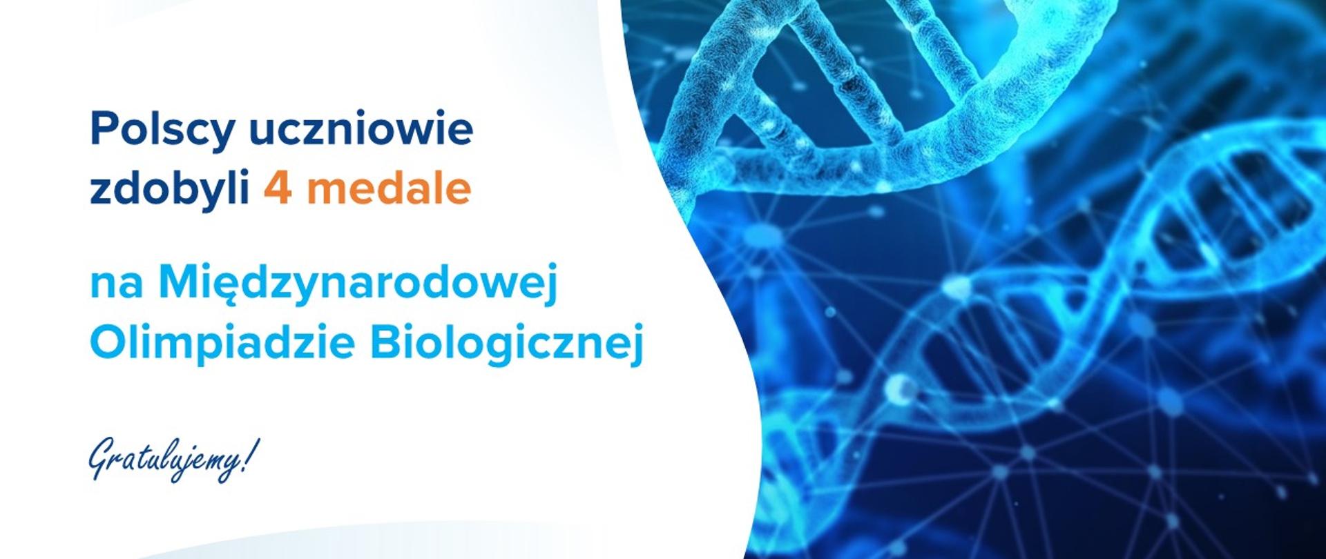 Biało-niebieska grafika z tekstem "Polscy uczniowie zdobyli 4 medale na Międzynarodowej Olimpiadzie Biologicznej. Gratulujemy!"