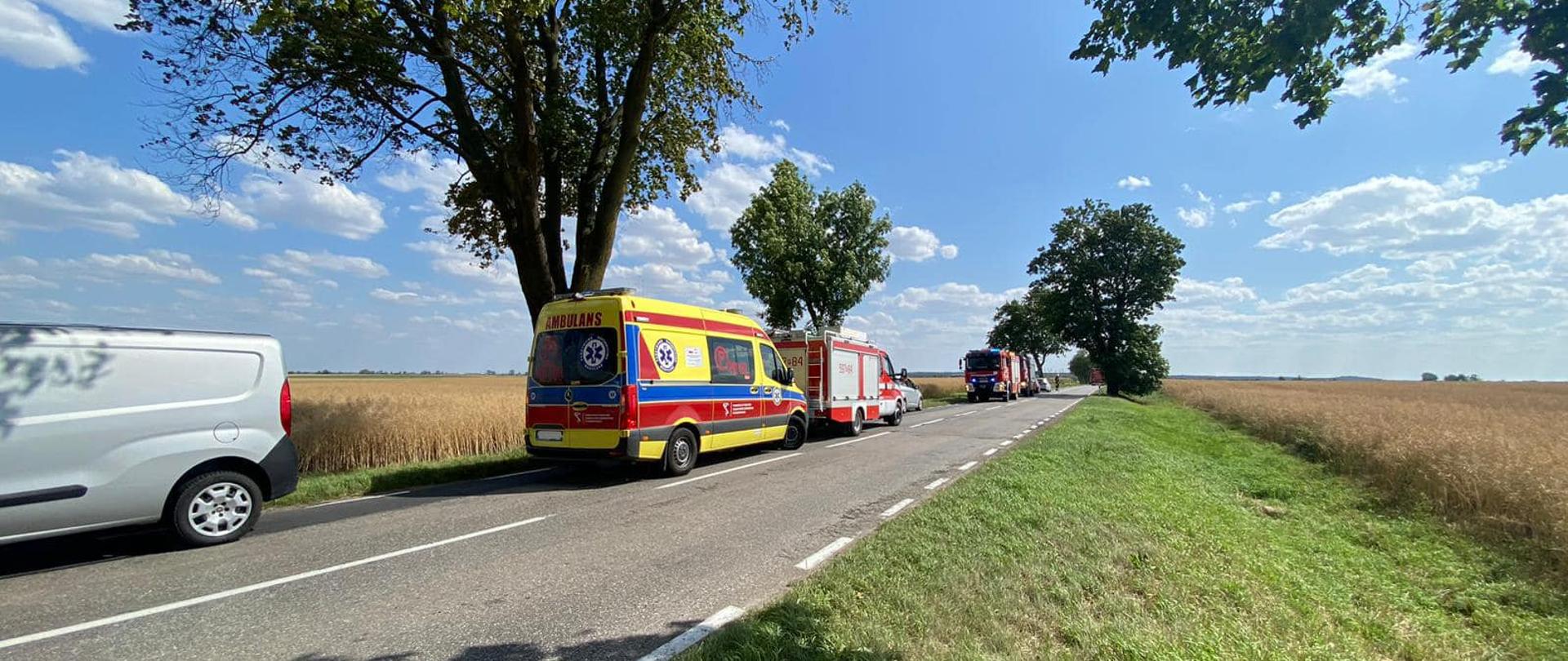 Karetka pogotowia i samochody strażackie na drodze