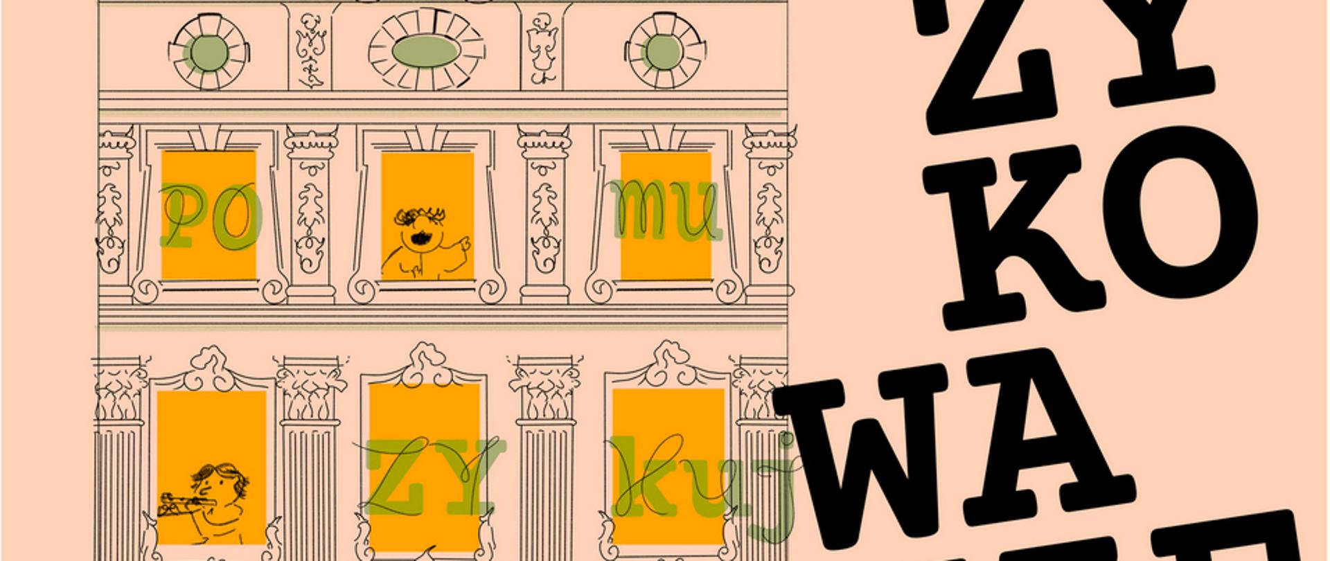 Plakat, różowe tło, po lewej stronie budynek, w oknach napis: pomuzykujmy. Tekst W Domu Matejki Muzykowanie, 20.02.2025 ul. Floriańska 41, godzina 17:00