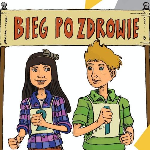 dziewczynka i chłopiec pod transparentem "Bieg po zdrowie"