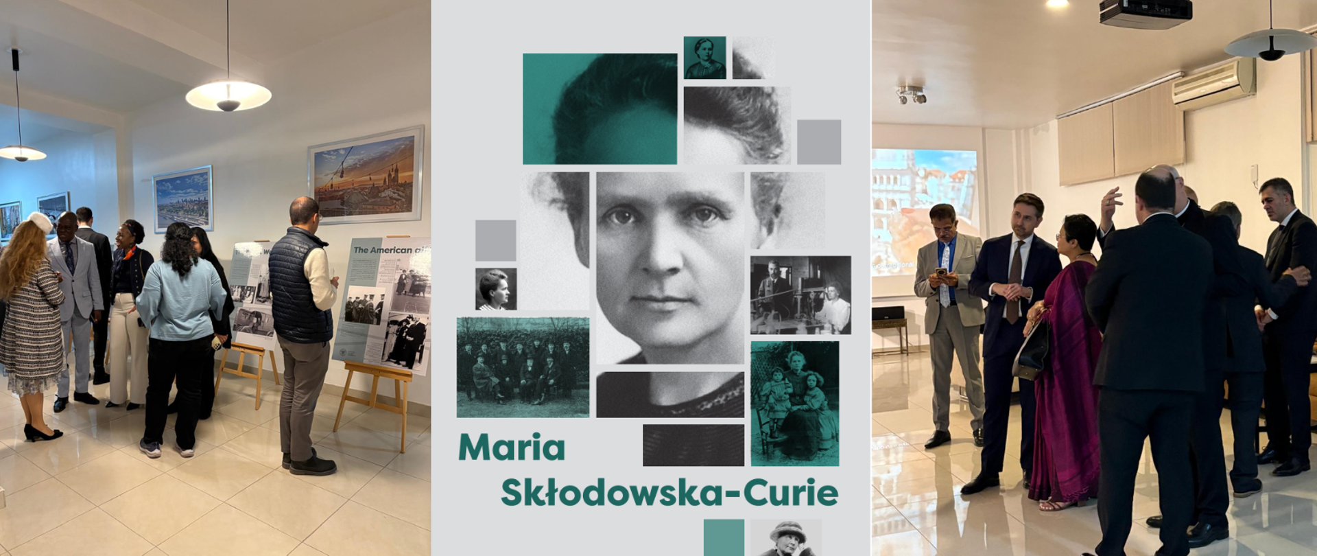 Kolaż zdjęć, plakat i osoby oglądające wystawę