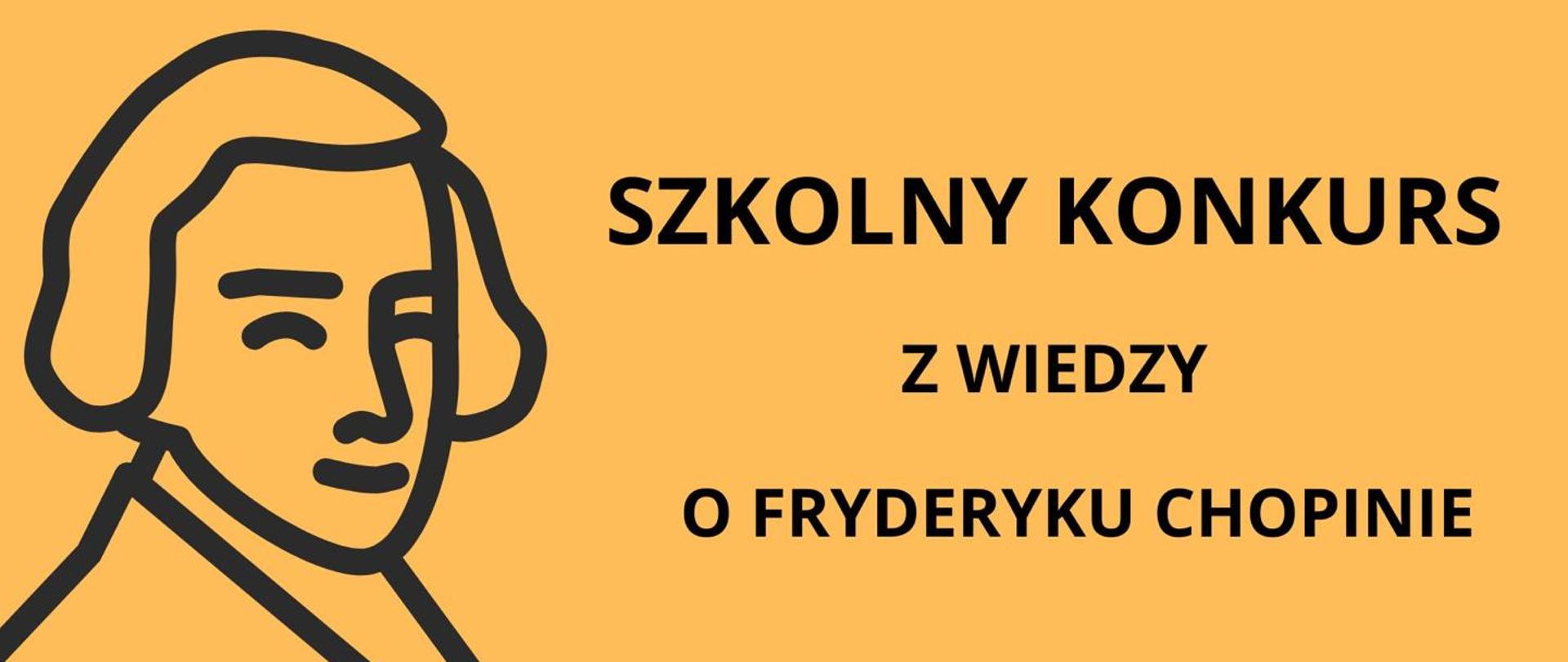 Beżowy plakat z grafikami przedstawiającymi fortepian i popiersie Chopin. U dołu żonkile w postaci grafik.