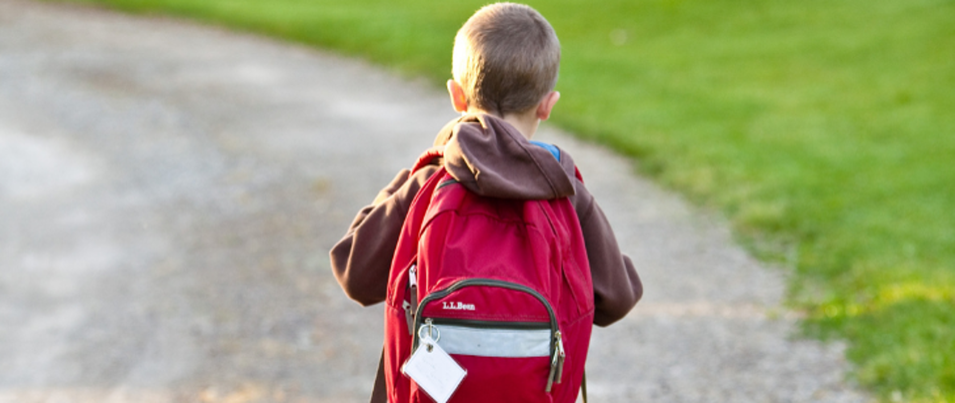 Ogólnopolski Dzień Tornistra - Chłopiec z czerwonym plecakiem idzie w stronę zielonej trawy
