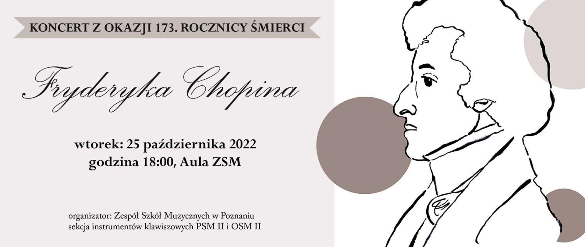Baner z grafiką portretu Chopina. z lewej strony tekst: "KONCERT Z OKAZJI 173. ROCZNICY ŚMIERCI Fryderyka Chopina, wtorek 15 października 2022, godz. 18:00, Aula ZSM. Organizator: Zespół Szkół Muzycznych w Poznaniu, sekcja instrumentów klawiszowych PSM II i OSM II
