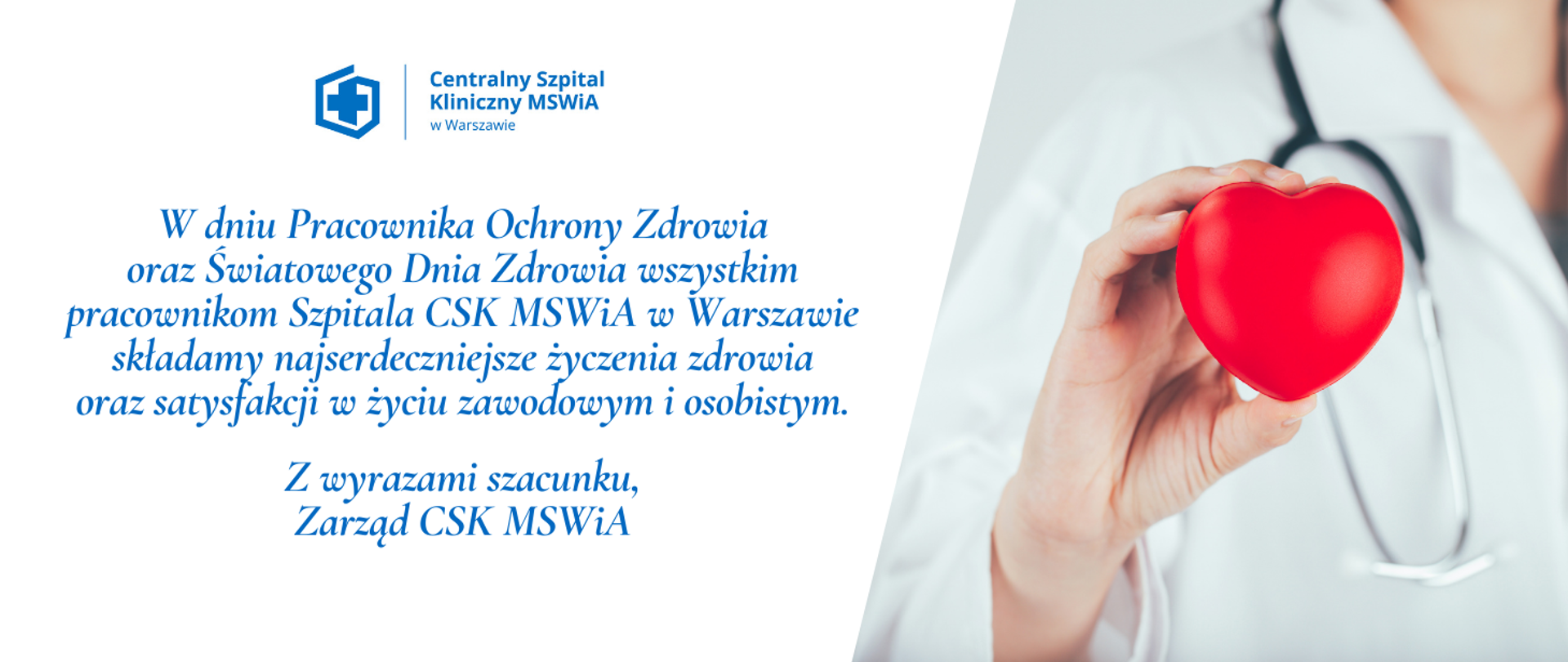 życzenia dla Pracownika Ochrony Zdrowia, lekarz trzyma w dłoni czerwone serce