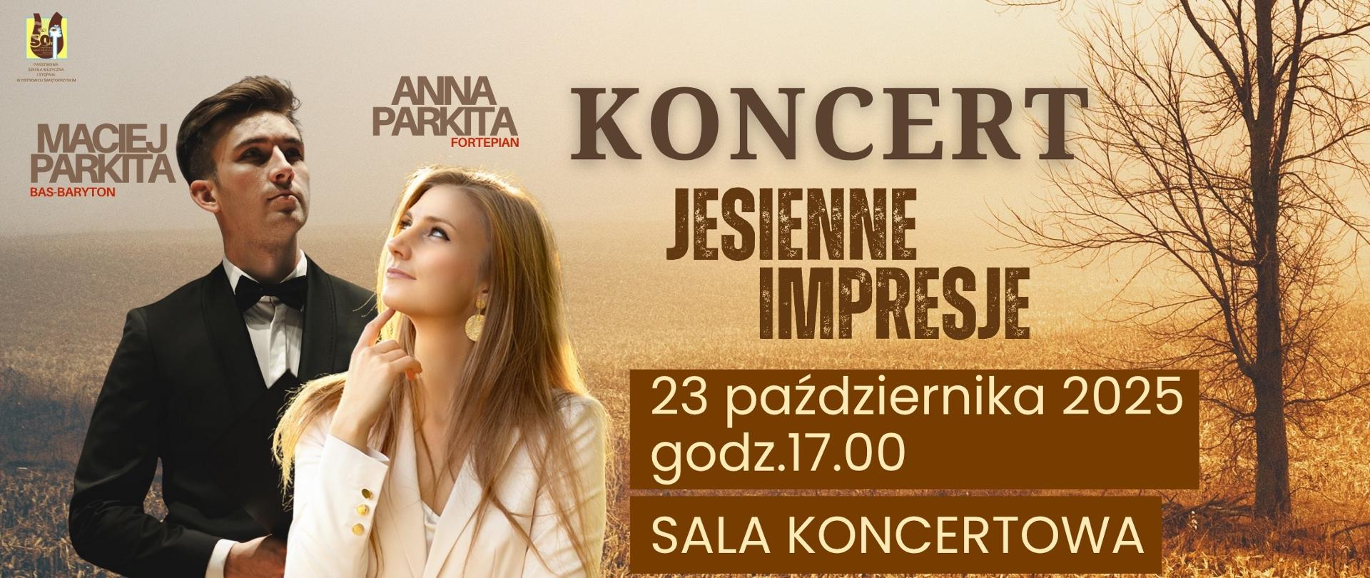 muzycy na tle w kolorach brązowo-kremowych z drzewem bez liści po prawej stronie z brązowymi literami informującymi o koncercie, z logo szkoły w lewym górnym rogu