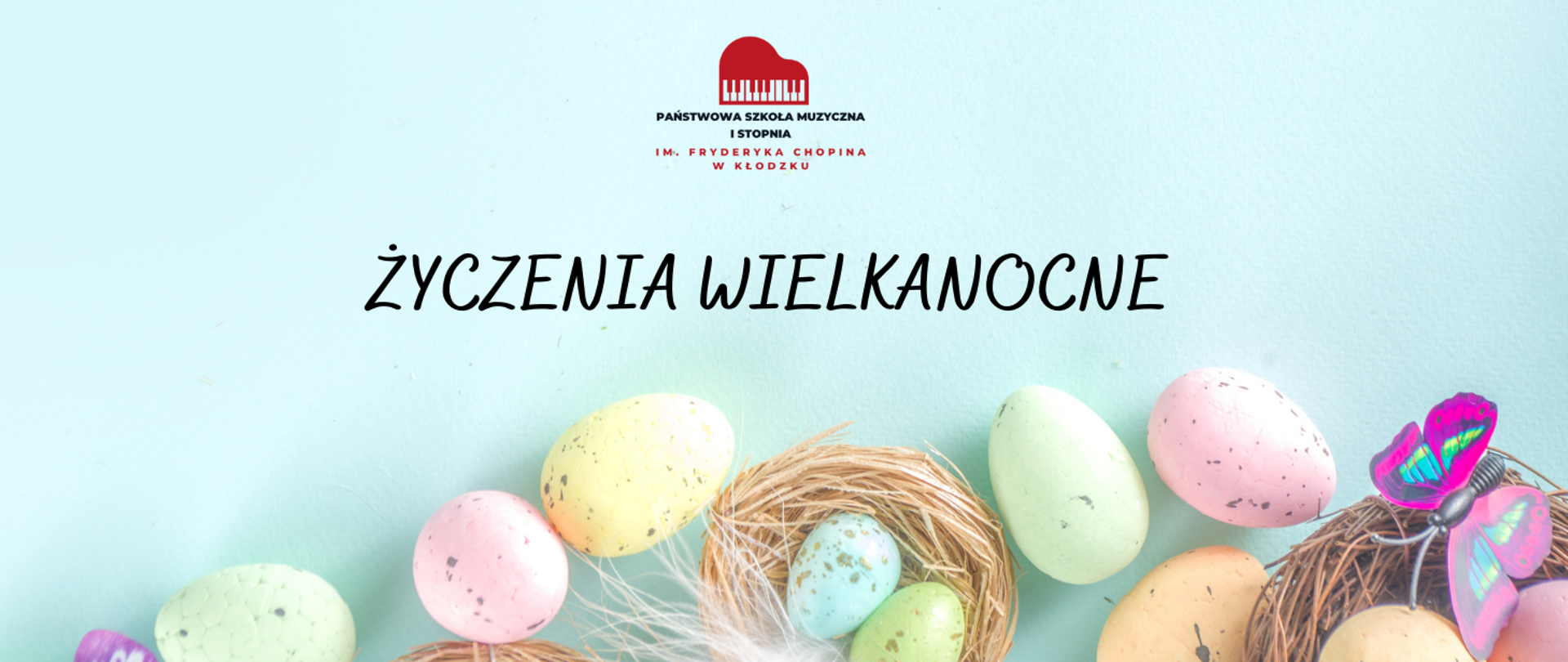 Plakat na niebieskim tle z grafiką świątecznych jajek i tekstem "życzenia świąteczne"