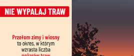 Grafika kampanii „Nie wypalaj traw” przedstawiająca pożar roślinności oraz informację o wzroście liczby pożarów traw na przełomie zimy i wiosny.