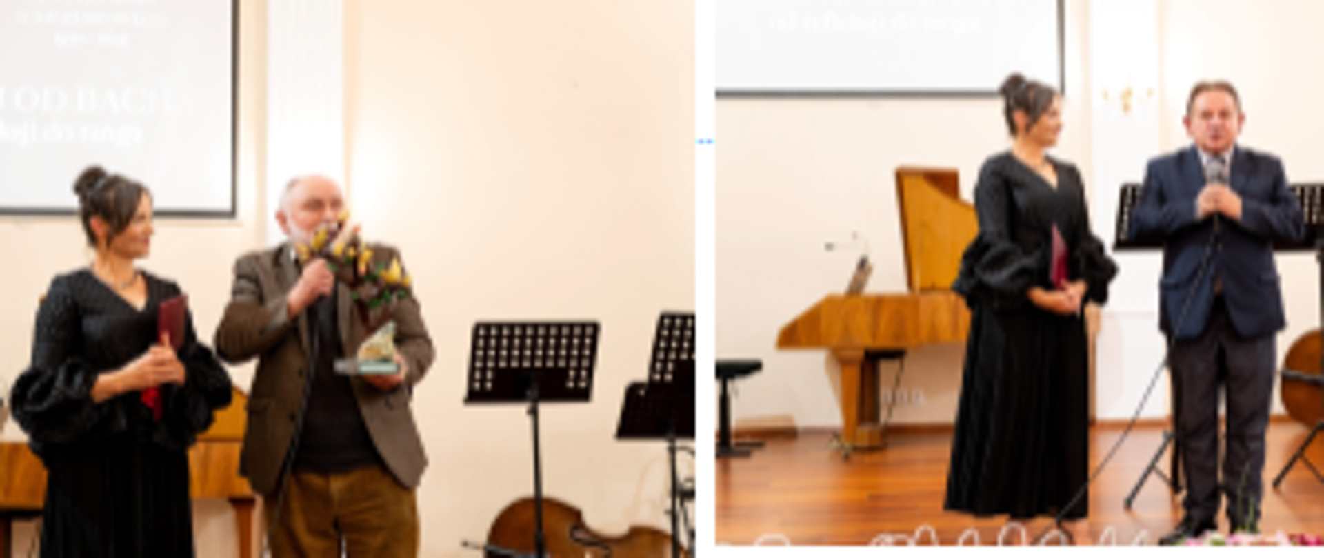 Pani Dyrektor Sonia Wachowska wraz z Burmistrzem Miasta Lublińca Edwardem Maniurą, prof. Stefanem Speilem i dyrektorką ZSOT Lubliniec - Zespół Szkół Ogólnokształcąco - Technicznych na scenie w sali koncertowej Państwowej Szkoły Muzycznej I st. w Lublińcu