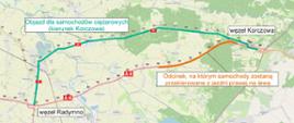 Mapa poglądowa odcinka autostrady A4 między węzłami Radymno i Korczowa. Zaznaczono objazd dla samochodów ciężarowych w kierunku Korczowej, poprowadzony drogą równoległą (kolor zielony), oraz fragment trasy, na którym ruch zostanie przełożony z jednej jezdni na drugą (kolor pomarańczowy). Widoczne są także oznaczenia węzłów drogowych i przebieg autostrady A4.
