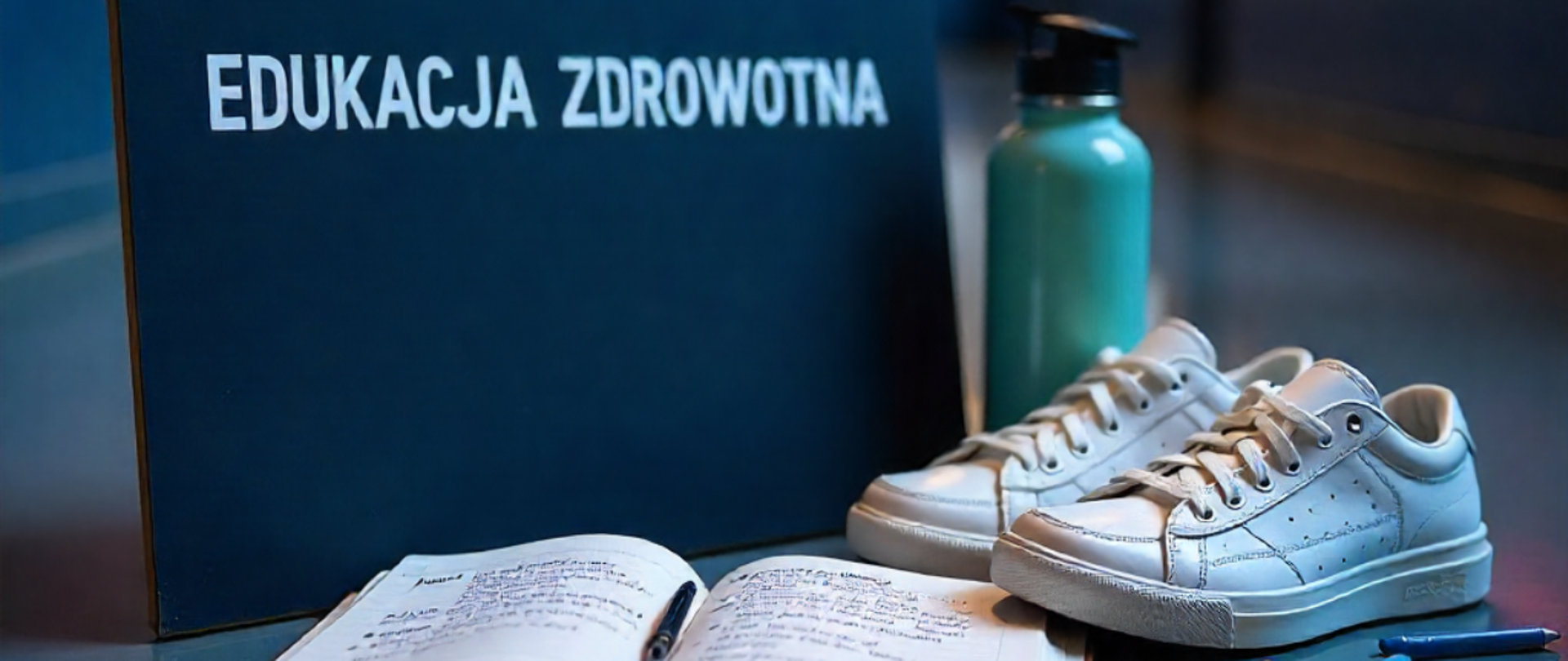 obraz przedstawia książkę, długopisy, bidon oraz buty na korytarzu szkoły