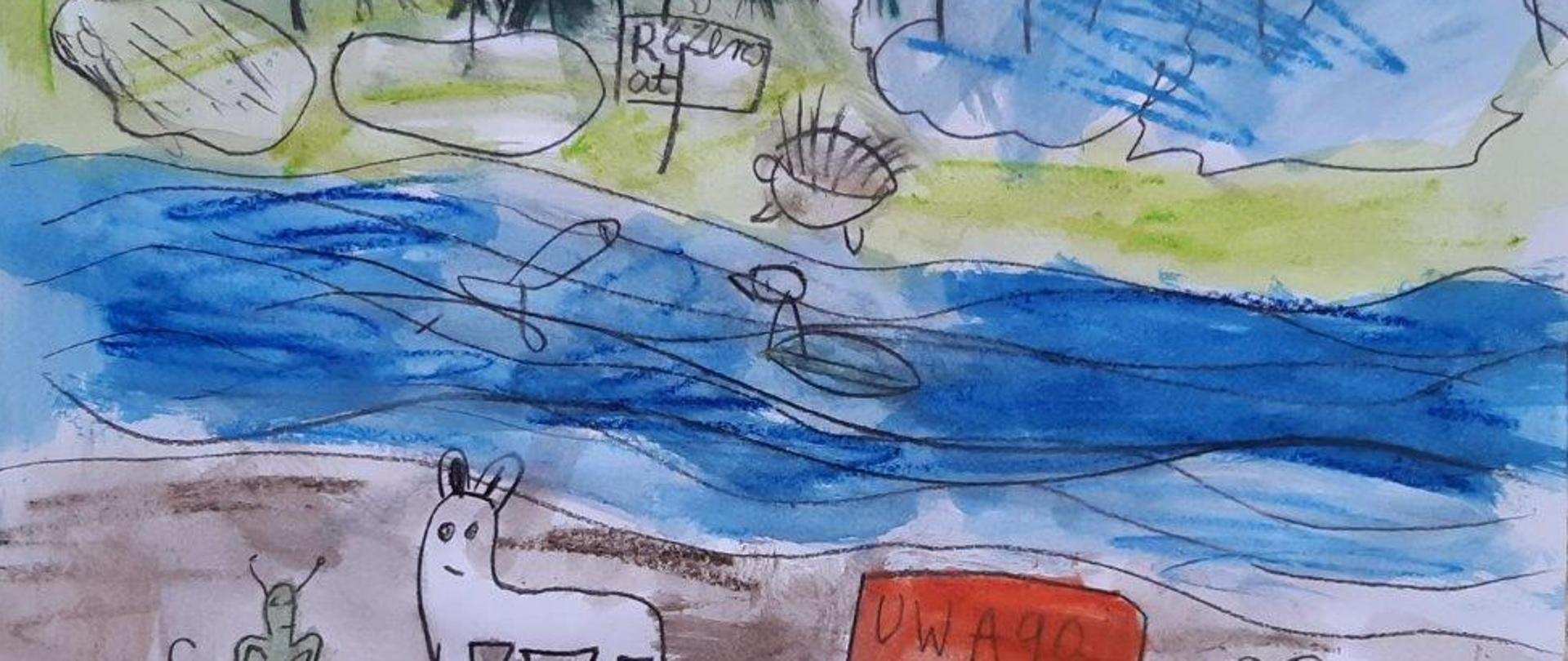 Obrazek przedstawiający rzekę, łąkę, las, zwierzęta i tablice zwracające uwagę na ochronę przyrody