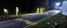 Kolizja na drodze wojewódzkiej. Zdjęcie przedstawia fragment drogi, na której doszło do kolizji dwóch pojazdów. Na pierwszym planie widać 7 strażaków uczestniczących w akcji. Mają na sobie ubrania specjalne w kolorze piaskowym. Jeden z nich, niosący miotłę ma czerwony hełm, dwóch innych - żółte, pozostali - białe. W oddali widać wozy strażackie z włączonymi sygnałami błyskowymi koloru niebieskiego. Na jezdni stoja pachołki ostrzegawcze. Z prawej strony widoczny jest fragment białego samochodu.