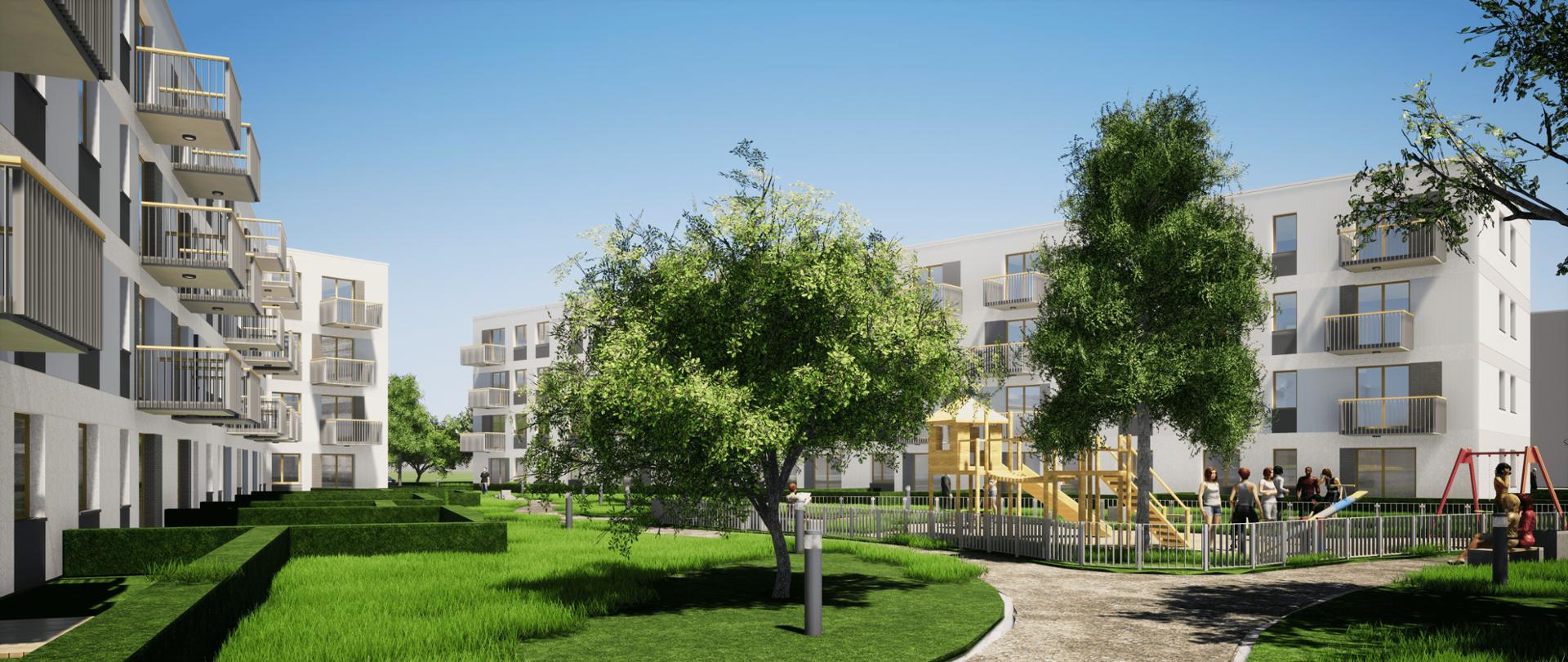 na pierwszym planie plac zabaw i zielone drzewa, w tle widoczne bloki mieszkalne