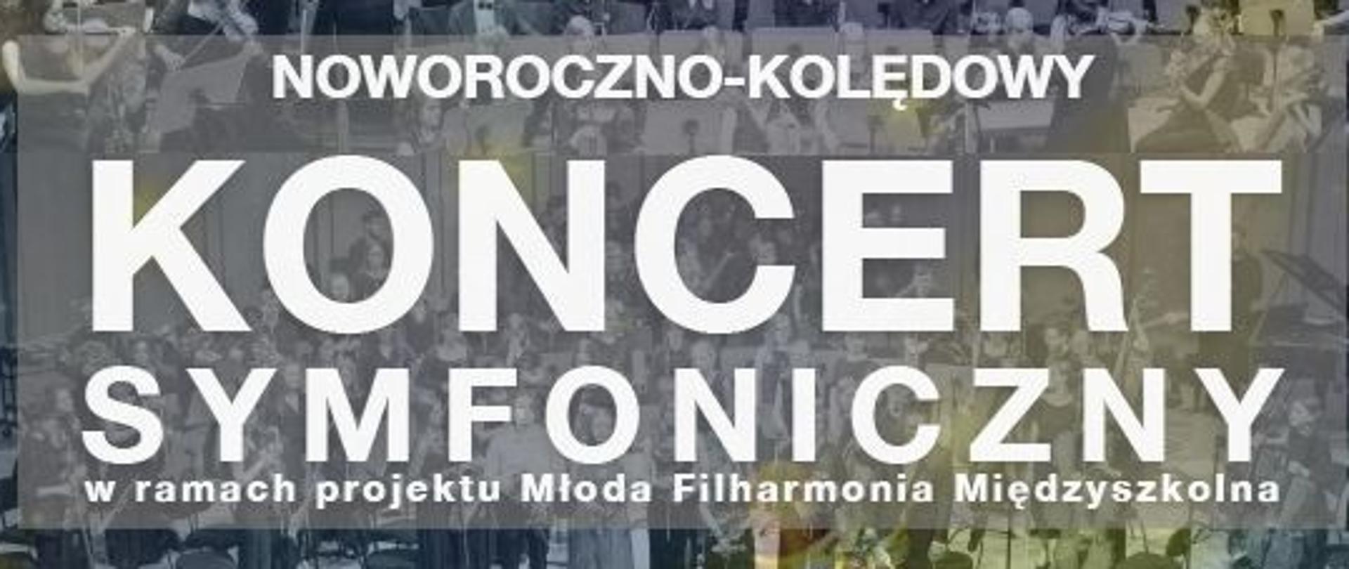 Biały tekst będący zapowiedzią koncertu symfonicznego z udziałem solistów i orkiestry symfonicznej . W tle kolaż zdjęciowy członków orkiestry. W nagłówku logo szkoły w Żorach i Sosnowcu. W tekst wpleciony baner zwiastujący kiermasz rękodzieła z warsztatu terapii zajęciowej.