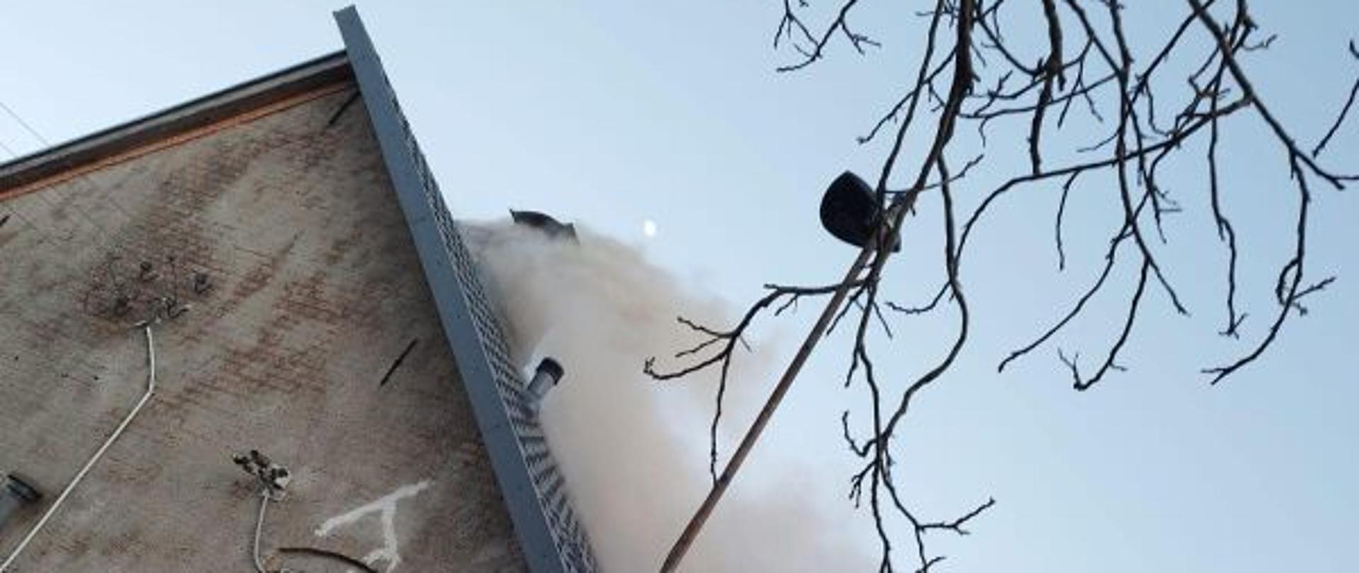 Zdjęcie wykonane w dzień. Przedstawia mocno zadymiony dach budynku mieszkalnego. Budynek bez elewacji. Pierwszy plan przysłaniają gałęzie drzewa.