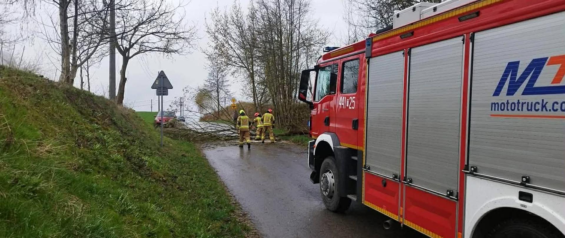 Na zdjęciu widzimy samochód strażacki oraz strażaków, którzy pracują przy usunięciu powalonego drzewa na drogę. 
