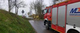 Na zdjęciu widzimy samochód strażacki oraz strażaków, którzy pracują przy usunięciu powalonego drzewa na drogę. 